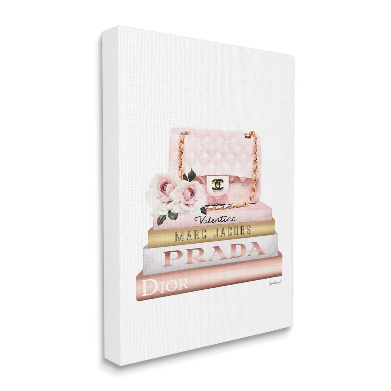 Stupell Industries Pink Purse Gold Bookstack Glam Fashion Watercolor Design Canvas Wall Art